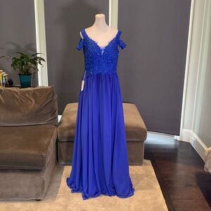 Women’s Blue A-Line Lace Appliqué Bridesmaid Party Dress Leg Slit Size 10 NWT